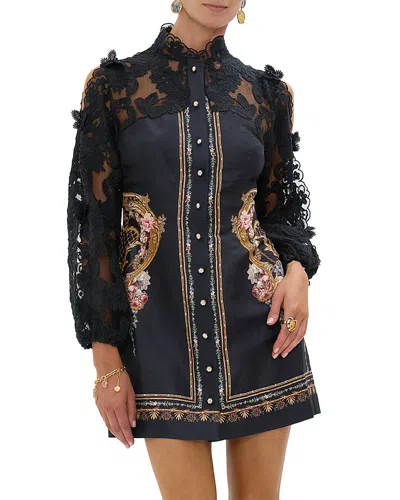 Camilla Lace Mixed Media Mini Dress In Black