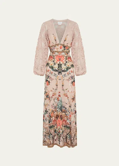 Camilla Lace-sleeve Silk Button-front V-neck Maxi Dress In Pink