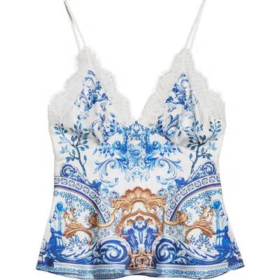 Camilla Lace Trim Silk Camisole In Azul Adventures