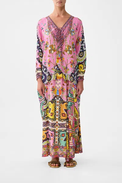 Camilla Lace Up Blouse Patchwork Panorama In Multi