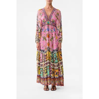 Camilla Lace Up Front Long Dress Patchwork Panorama In Multi