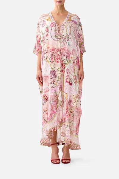 Camilla Lace Up Kaftan With Hem Ruffle Journal De Voyage In Multi