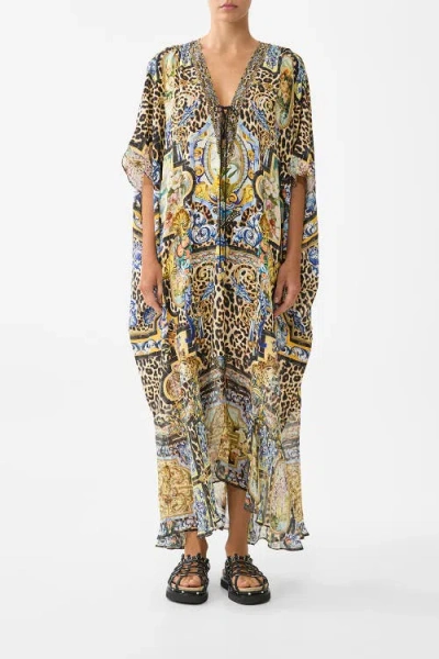 Camilla Lace Up Kaftan With Hem Ruffle Sevillian Style In Multi