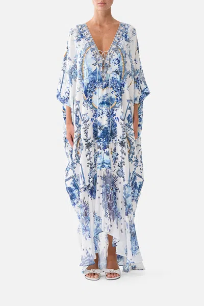 Camilla Lace Up Kaftan With Hem Ruffle The Porcelain Parlour In Blue