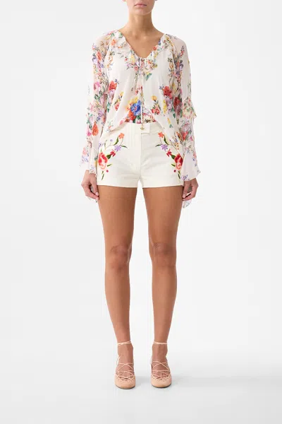 Camilla Lace Up V Neck Blouse With Cascade Ruffles I Left My Heart In Granada In White