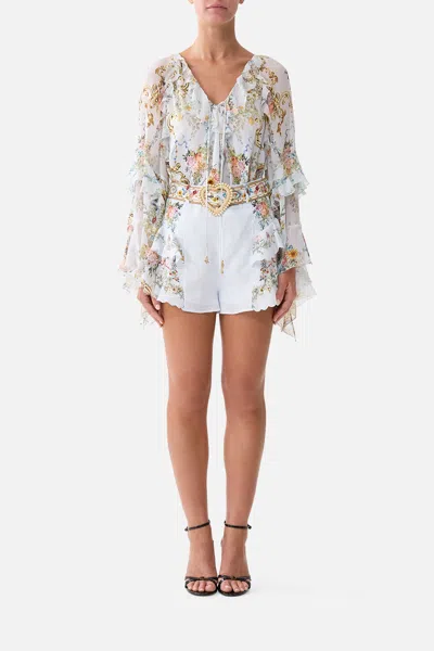 Camilla Lace Up V Neck Blouse With Cascade Ruffles Seville Sweetheart In White