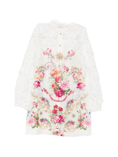 Camilla Lace-sleeves Floral-print Mini Dress In White