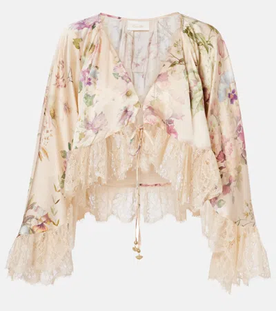 Camilla Lace-trimmed Floral Silk Crop Top In Neutral