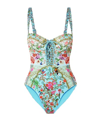 Camilla Lace-up Crystal-embellished Printed Recycled Swimsuit In Burgundy
