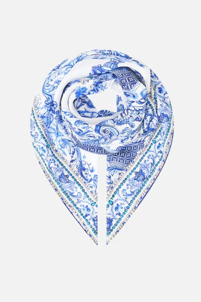 Camilla Large Crystalled Silk Square Scarf Ceramic Panoramic In Blue