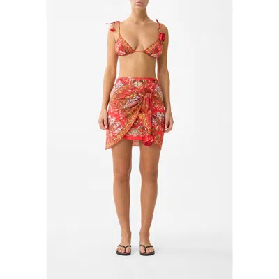 Camilla Layered Mini Sarong W Rosette Tie Front In Red