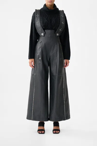Camilla Leather Pleated Wide Leg Jumpsuit Solid Black