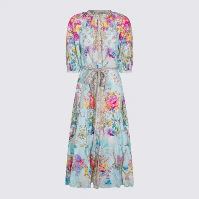 Camilla Floral Printed Puff Sleeve Tied Midi Shirt Dress In Blue