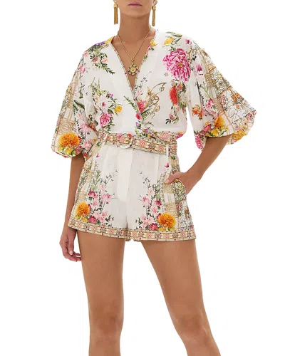 Camilla Linen Floral Print Belted Shorts In Egyptian Rose