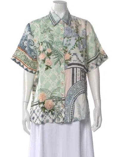 Pre-owned Camilla Linen Floral Print Blouse In Green