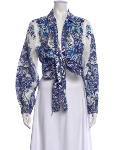 Pre-owned Camilla Linen Floral Print Blouse W/ Tags In Blue/white