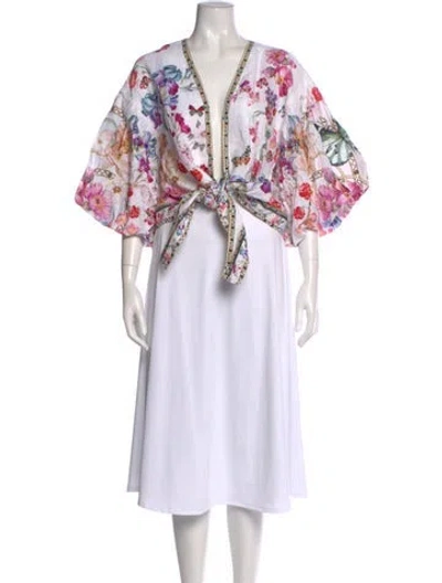 Pre-owned Camilla Linen Floral Print Blouse W/ Tags In White