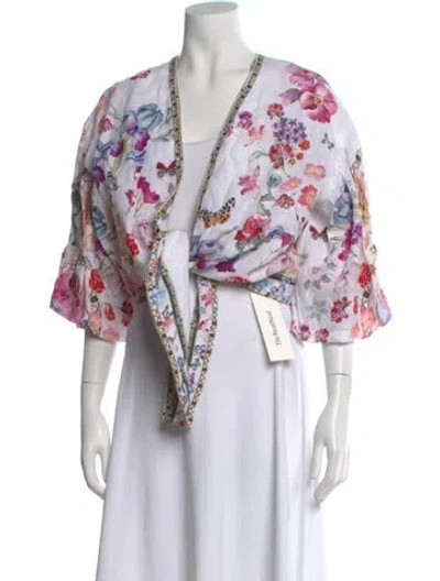 Pre-owned Camilla Linen Floral Print Blouse W/ Tags In White
