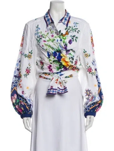 Pre-owned Camilla Linen Floral Print Blouse In White