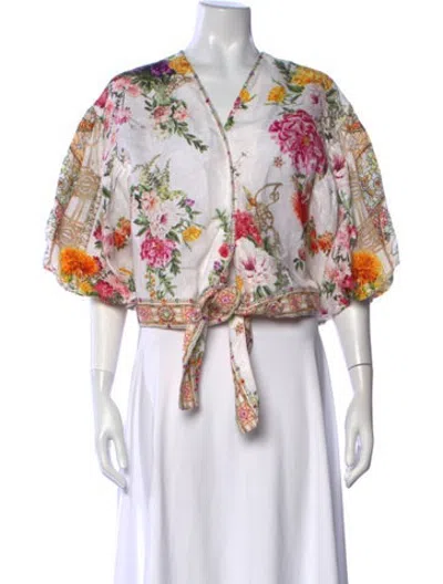 Pre-owned Camilla Linen Floral Print Blouse In White
