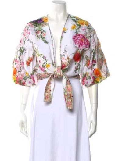 Pre-owned Camilla Linen Floral Print Top In White
