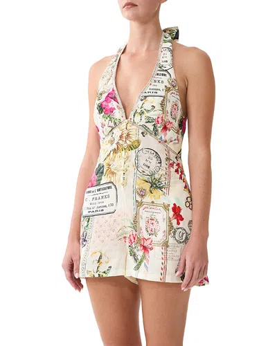 Camilla Linen Halter Button Front Romper In Multi
