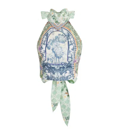 Camilla Linen Jardim Party Halterneck Top In Blue