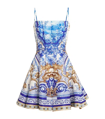Camilla Linen-silk Printed Mini Dress In Blue