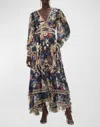 CAMILLA LONG BUTTON-FRONT TIERED SILK DRESS IN PLAY YOUR CARDS RIGHT MULTI