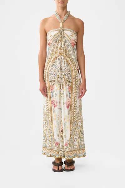Camilla Long Draped Linen Jersey Halter Dress Ottoman Dynasty In Multi