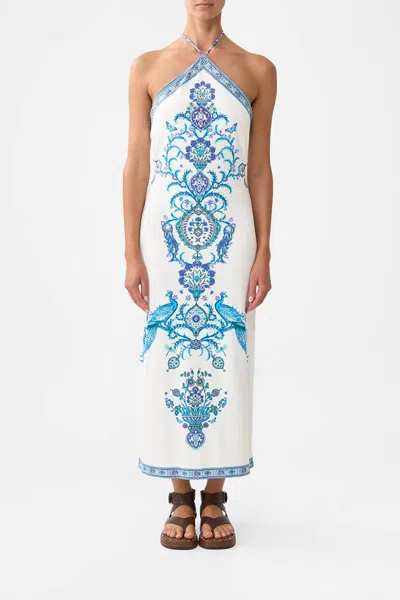 Camilla Long Jersey Halter Dress In Isnik Lullaby In Blue