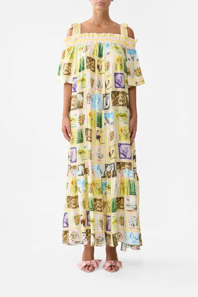 Camilla Long Off Shoulder Frill Dress With Straps With Love From Lisbon In Multi