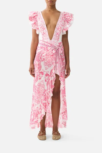 Camilla Long Sarong W Tie Waist And Frill Edge Livin La Vida Rosa In Pink
