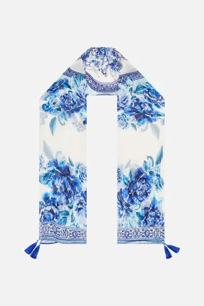 Camilla Long Silk Crinkle Chiffon Scarf A Ceramic Garden In Blue
