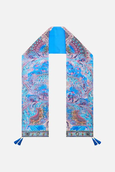 Camilla Long Silk Crinkle Chiffon Scarf Footsteps In Folklore In Blue