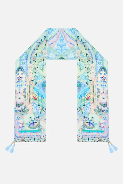 Camilla Long Silk Crinkle Chiffon Scarf Midsummer Mosaics In Blue