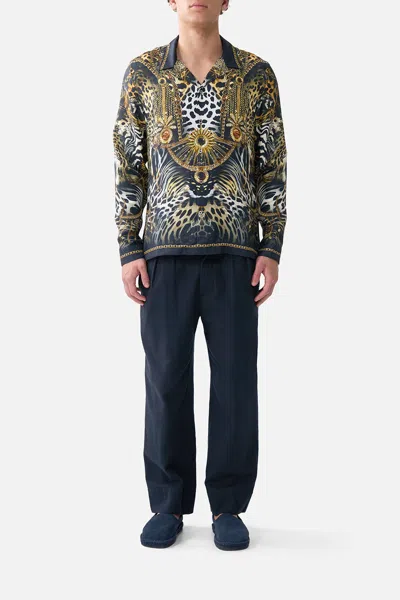 Camilla Long Sleeve Camp Collared Shirt Feline Folklore In Black