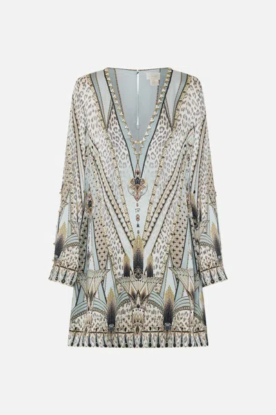 Camilla Long Sleeve Deep V Short Dress Sahara Starlet In Gray