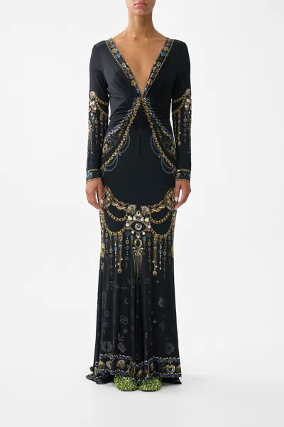 Camilla Long Sleeve Gathered Dress With Train Amulets And Alchemy In Black