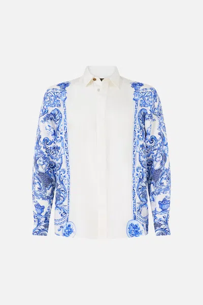 Camilla Long Sleeve Hidden Placket Shirt Ceramic Panoramic In Neutral