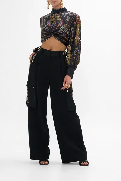 Camilla Long Sleeve High Neck Top With Front Knot Cartouche Kingdom In Black