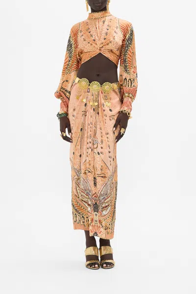 Camilla Long Sleeve High Neck Top With Front Knot Kingdom Of Heiroglyphs In Pink