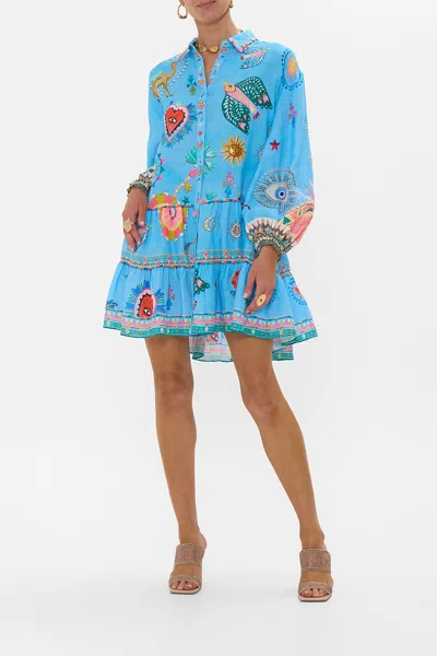 Camilla Long Sleeve Tiered Short Dress A Painted Village In Blue