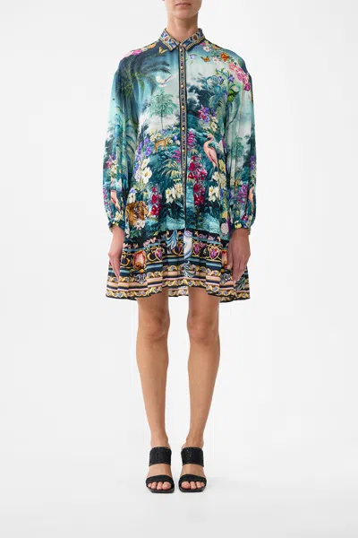 Camilla Long Sleeve Tiered Short Dress Basked In Baroque In Blue