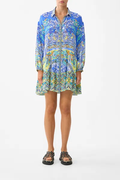 Camilla Long Sleeve Tiered Short Dress Beneath The Andalusian Sun In Blue