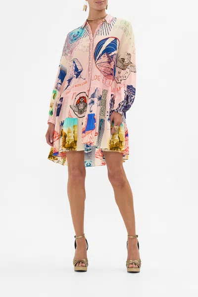Camilla Long Sleeve Tiered Short Dress Haute Passport In Pink