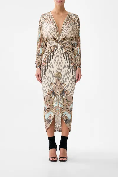 Camilla Long Split Front Twist Dress Aranjuez Animalia In Brown