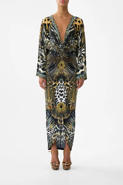Camilla Long Split Front Twist Dress Feline Folklore In Black