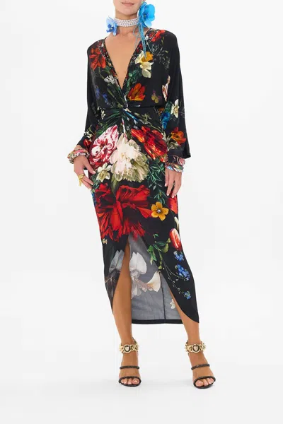 Camilla Long Split Front Twist Dress In A Still Life In Multi