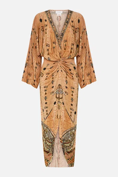 Camilla Long Split Front Twist Dress Kingdom Of Heiroglyphs In Brown
